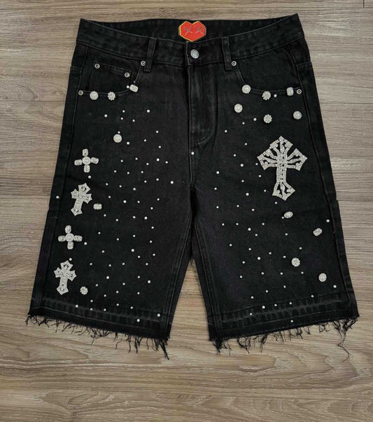 Cross-shaped straight-leg ironed five-inch denim shorts for men, high street design, loose mid-length pants trend