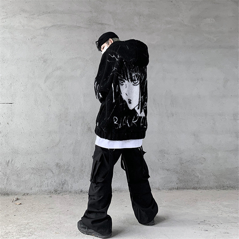 Mr Black Winter Lamb Hair Graffiti Print Hooded Zip Jacket