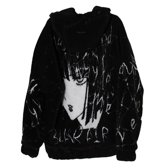 Mr Black Winter Lamb Hair Graffiti Print Hooded Zip Jacket
