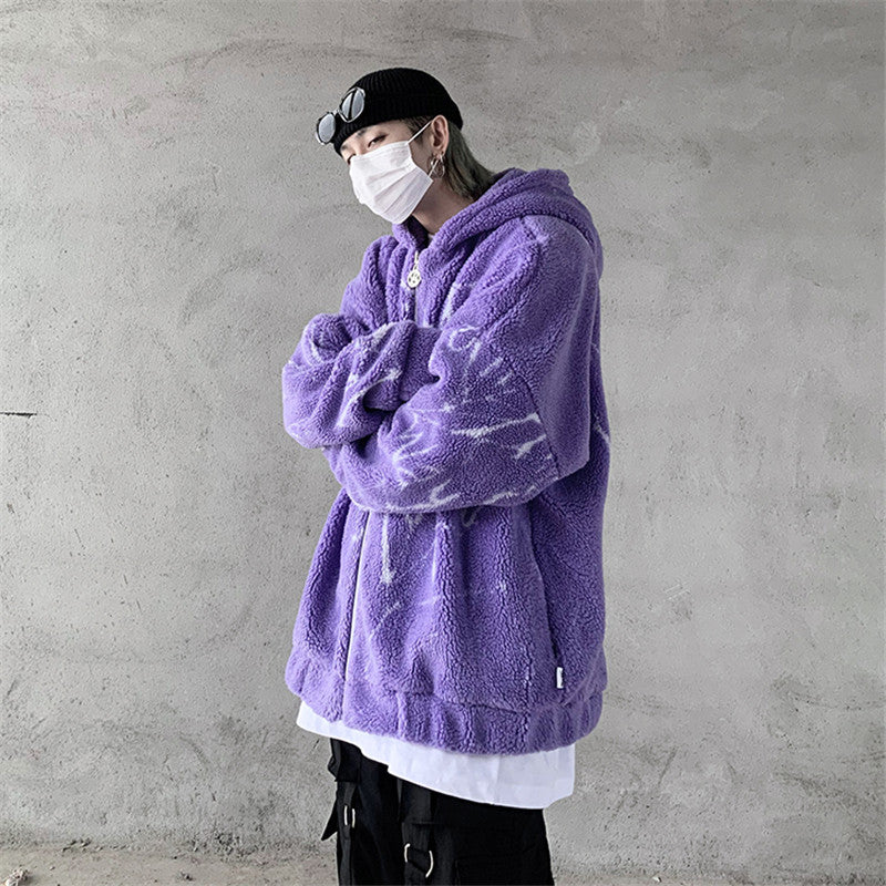 Mr Black Winter Lamb Hair Graffiti Print Hooded Zip Jacket