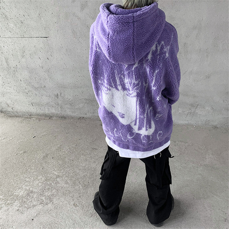 Mr Black Winter Lamb Hair Graffiti Print Hooded Zip Jacket