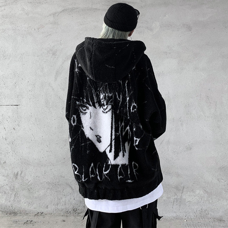 Mr Black Winter Lamb Hair Graffiti Print Hooded Zip Jacket