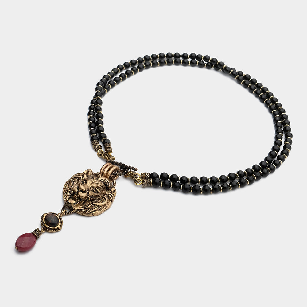 Copper Ball Chain Necklace Natural Black Agate Beads With Lion Motif