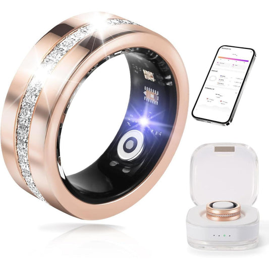 Smart Ring For Women, Health & Fitness Tracker With Heart Rate, Blood Oxygen, Sleep Monitoring, Elegant Rose Gold Design With Crystal Accents, IP68 Waterproof, Gesture Control
