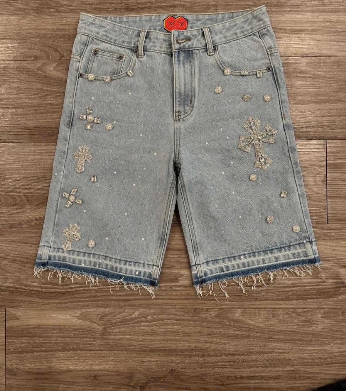 Cross-shaped straight-leg ironed five-inch denim shorts for men, high street design, loose mid-length pants trend