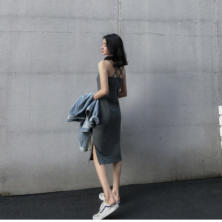 Chic Mid-Length Strap Dress for Women, Summer Casual Open-Side Slim-Fit Inner Layer Dress