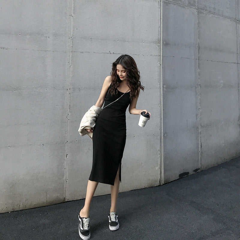 Chic Mid-Length Strap Dress for Women, Summer Casual Open-Side Slim-Fit Inner Layer Dress