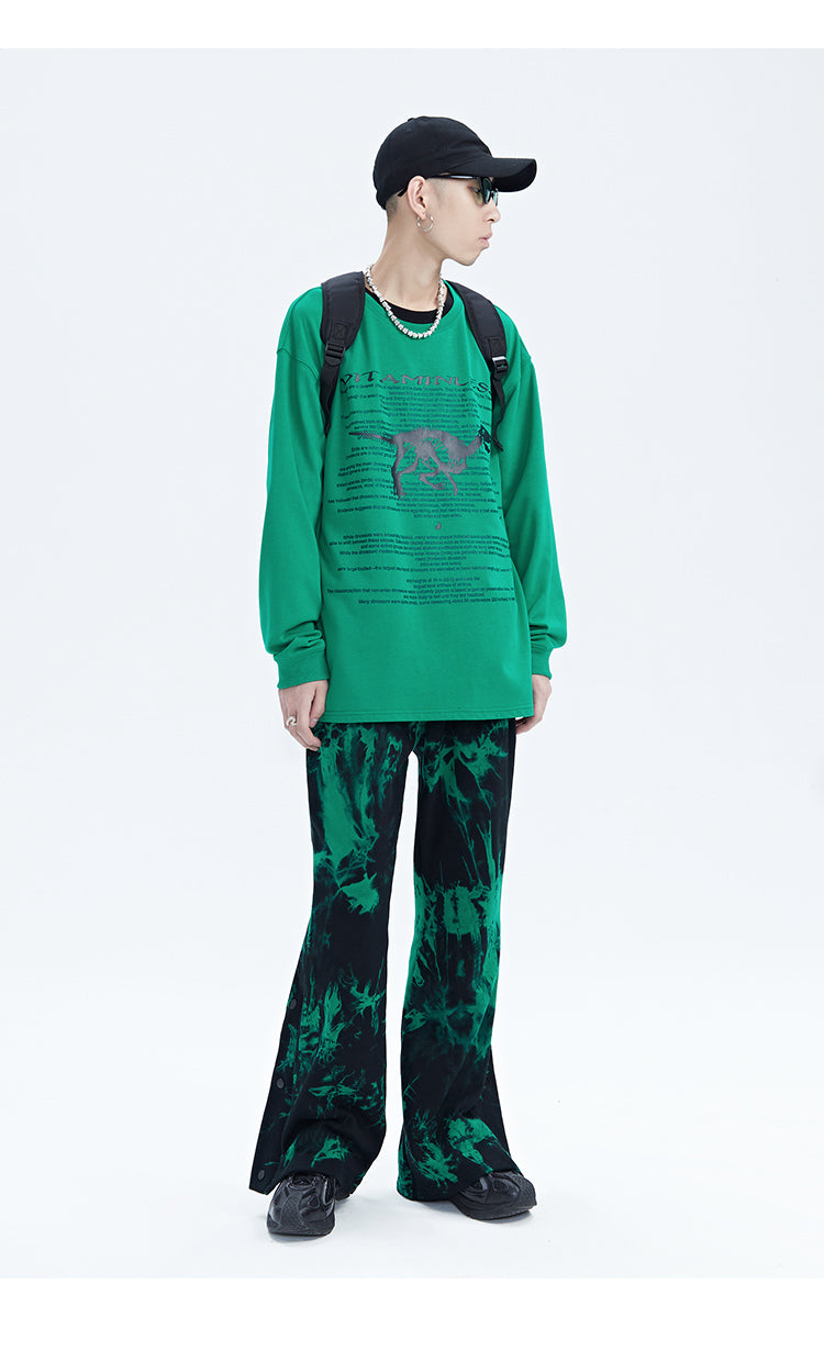 Black And Green Tie Dye Zipper Pants With Mid Waist For Men Trendy Streetwear