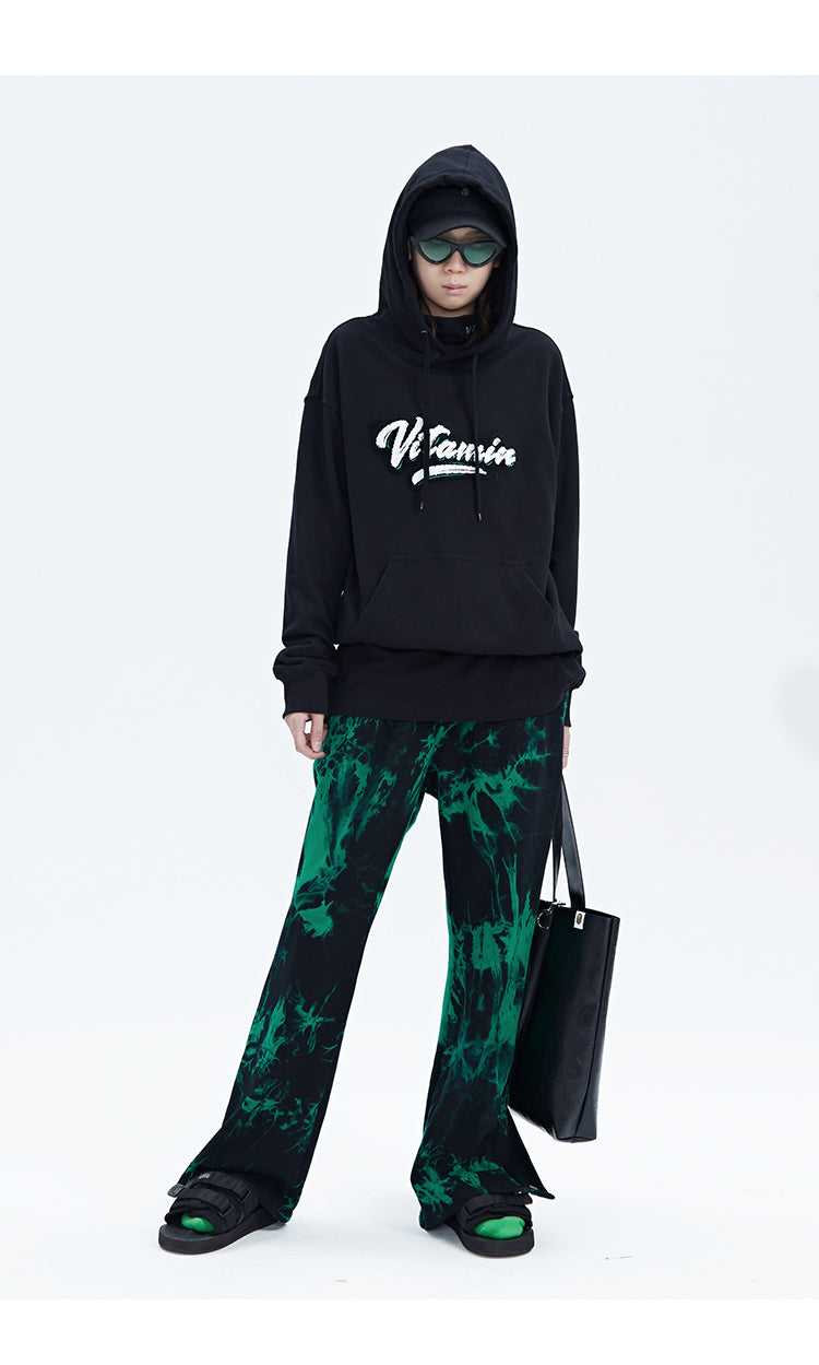 Black And Green Tie Dye Zipper Pants With Mid Waist For Men Trendy Streetwear