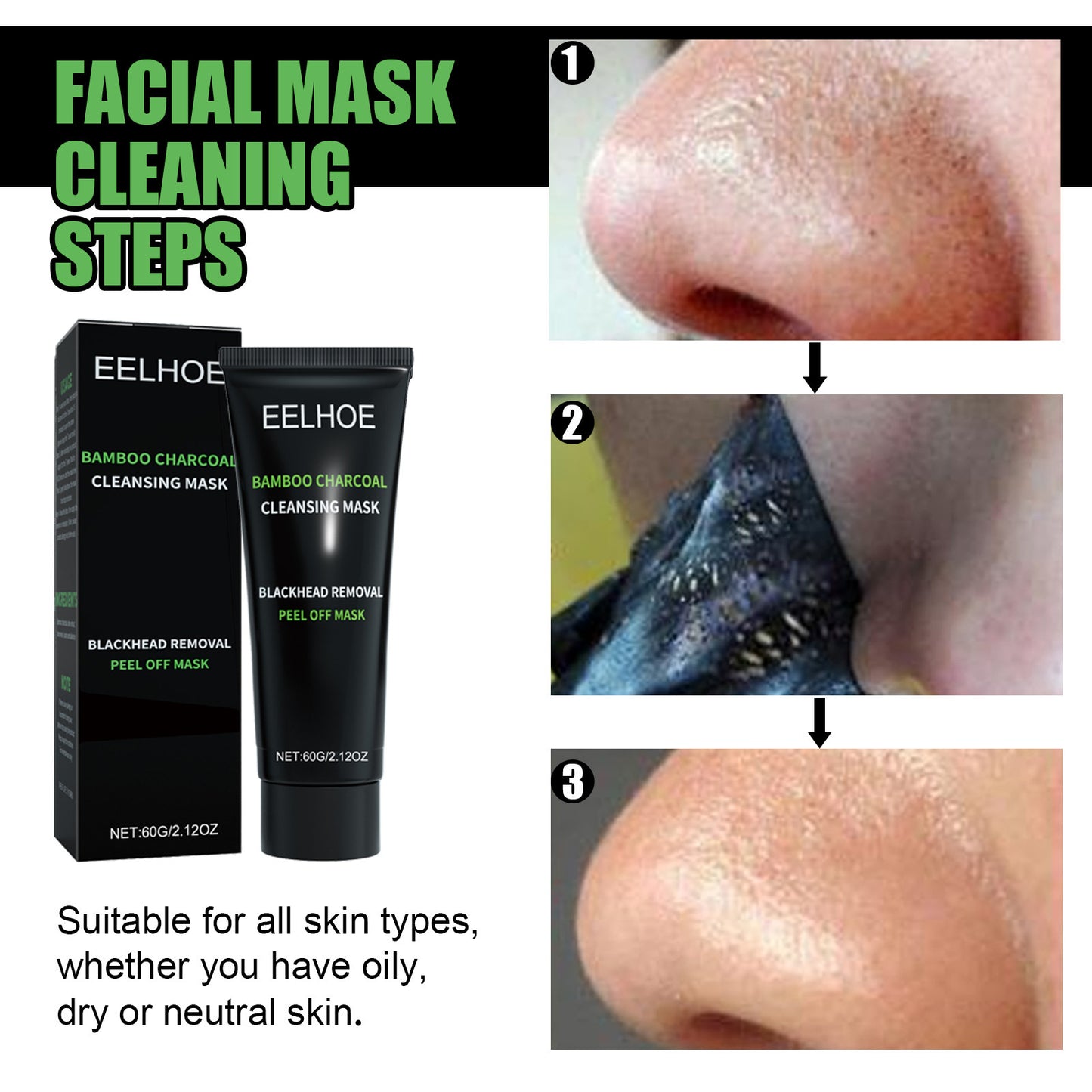 EELHOE Bamboo Charcoal Blackhead PeelOff Mask for Pore Cleanse and Oil Control