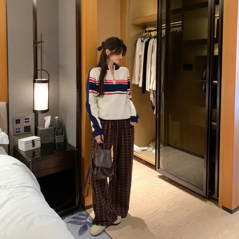 Color Block Stripe Half-Open Neck Sport Sweater Long Sleeve Women Casual Loose Top