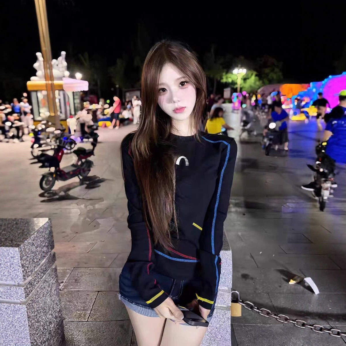 Printed Colorful Lines Long Sleeve T-Shirt for Women, Slim Fit, Casual Top