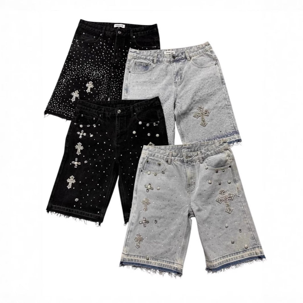 Cross-shaped straight-leg ironed five-inch denim shorts for men, high street design, loose mid-length pants trend