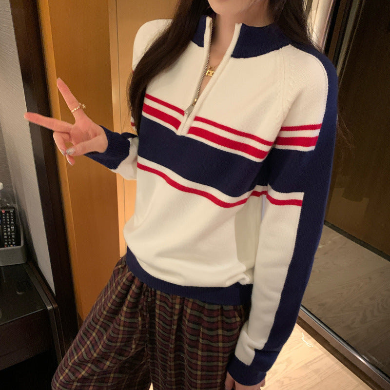 Color Block Stripe Half-Open Neck Sport Sweater Long Sleeve Women Casual Loose Top