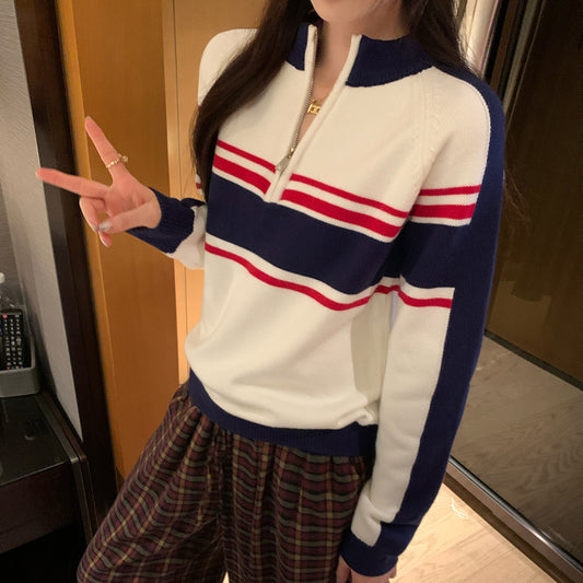 Color Block Stripe Half-Open Neck Sport Sweater Long Sleeve Women Casual Loose Top
