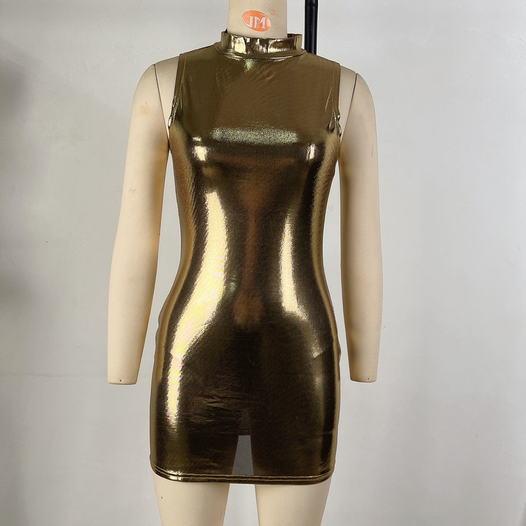 Stand up collar sleeveless waist bag hip dress