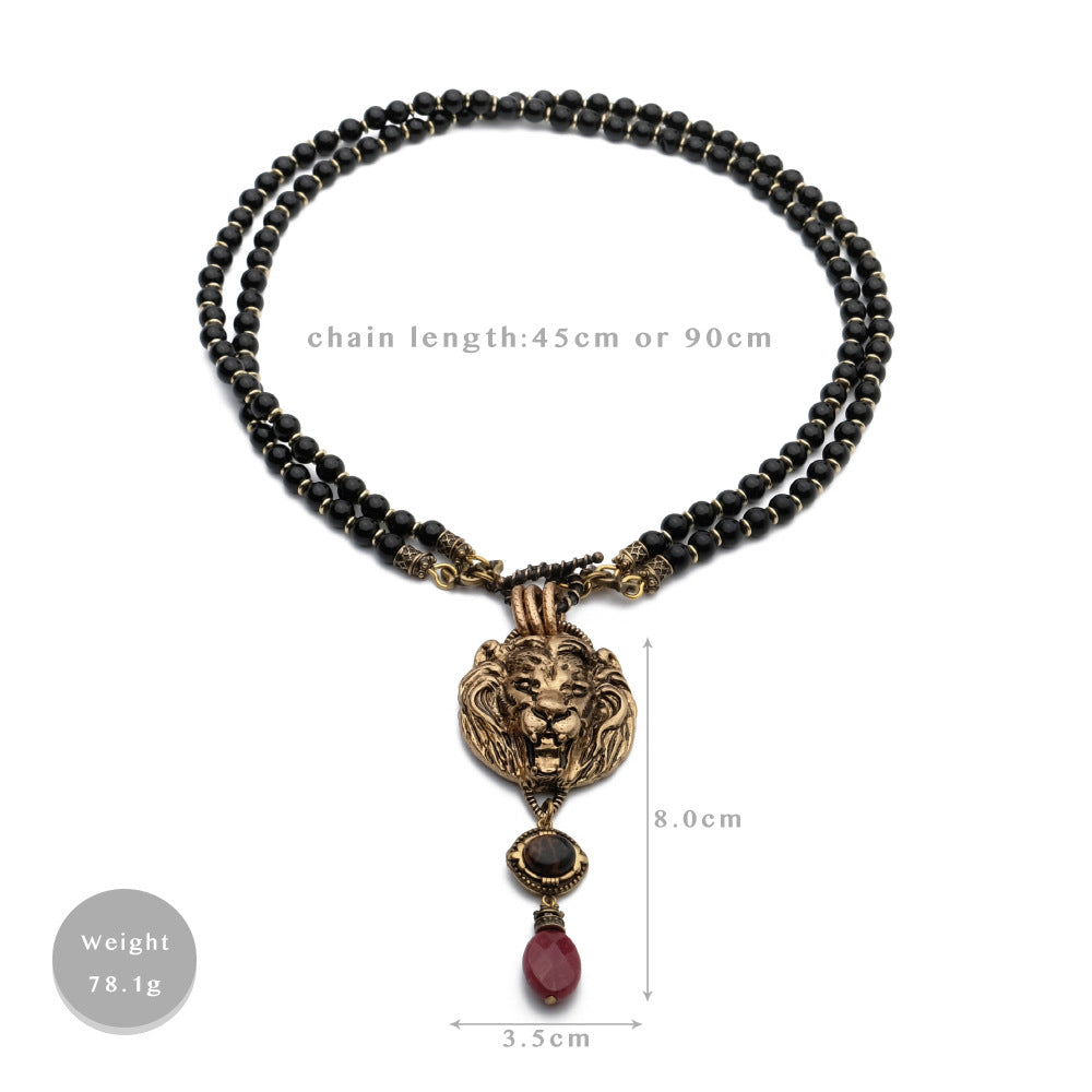 Copper Ball Chain Necklace Natural Black Agate Beads With Lion Motif