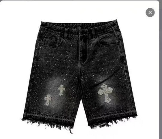 Cross-shaped straight-leg ironed five-inch denim shorts for men, high street design, loose mid-length pants trend
