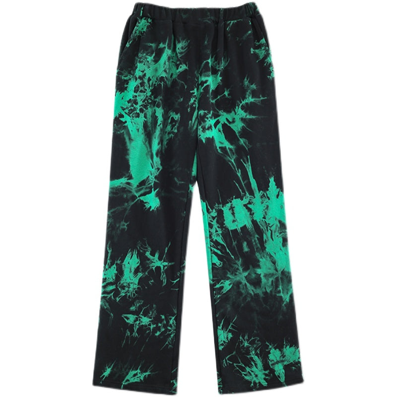Black And Green Tie Dye Zipper Pants With Mid Waist For Men Trendy Streetwear