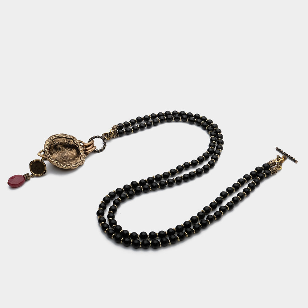 Copper Ball Chain Necklace Natural Black Agate Beads With Lion Motif
