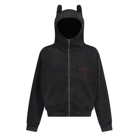Little Devil Ear Washed Cardigan Zipper Hoodie
