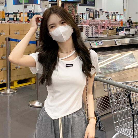 Irregular Design Short Sleeve T-Shirt for Women Summer  Sexy Chic White Crop Top
