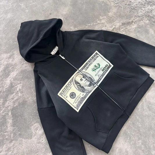 Streetwear Retro Printed Zip-Up Hoodie for Men Y2K Gothic Punk Hip-Hop Sweatshirt Jacket