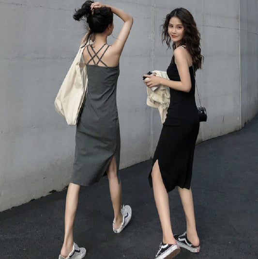 Chic Mid-Length Strap Dress for Women, Summer Casual Open-Side Slim-Fit Inner Layer Dress