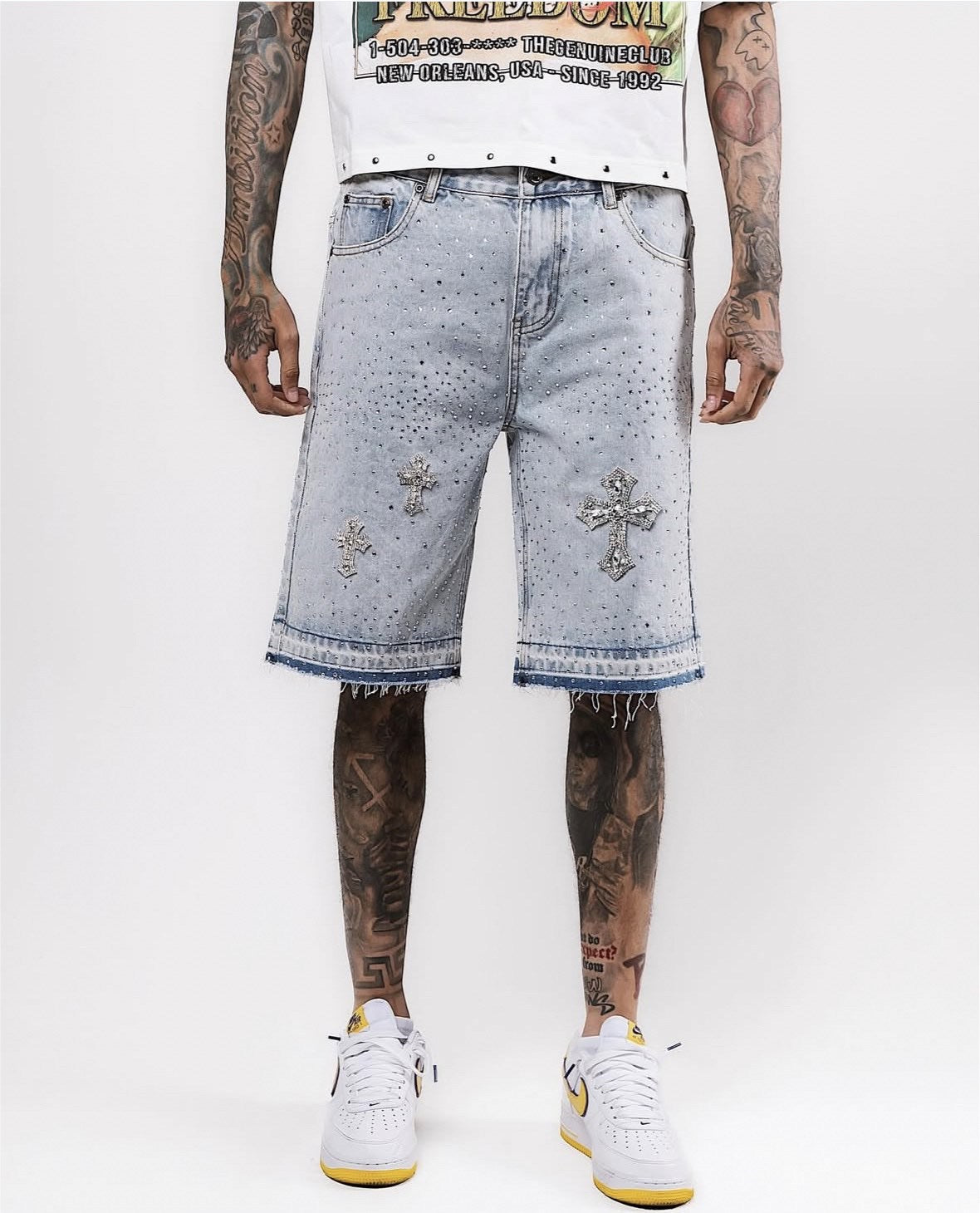 Cross-shaped straight-leg ironed five-inch denim shorts for men, high street design, loose mid-length pants trend