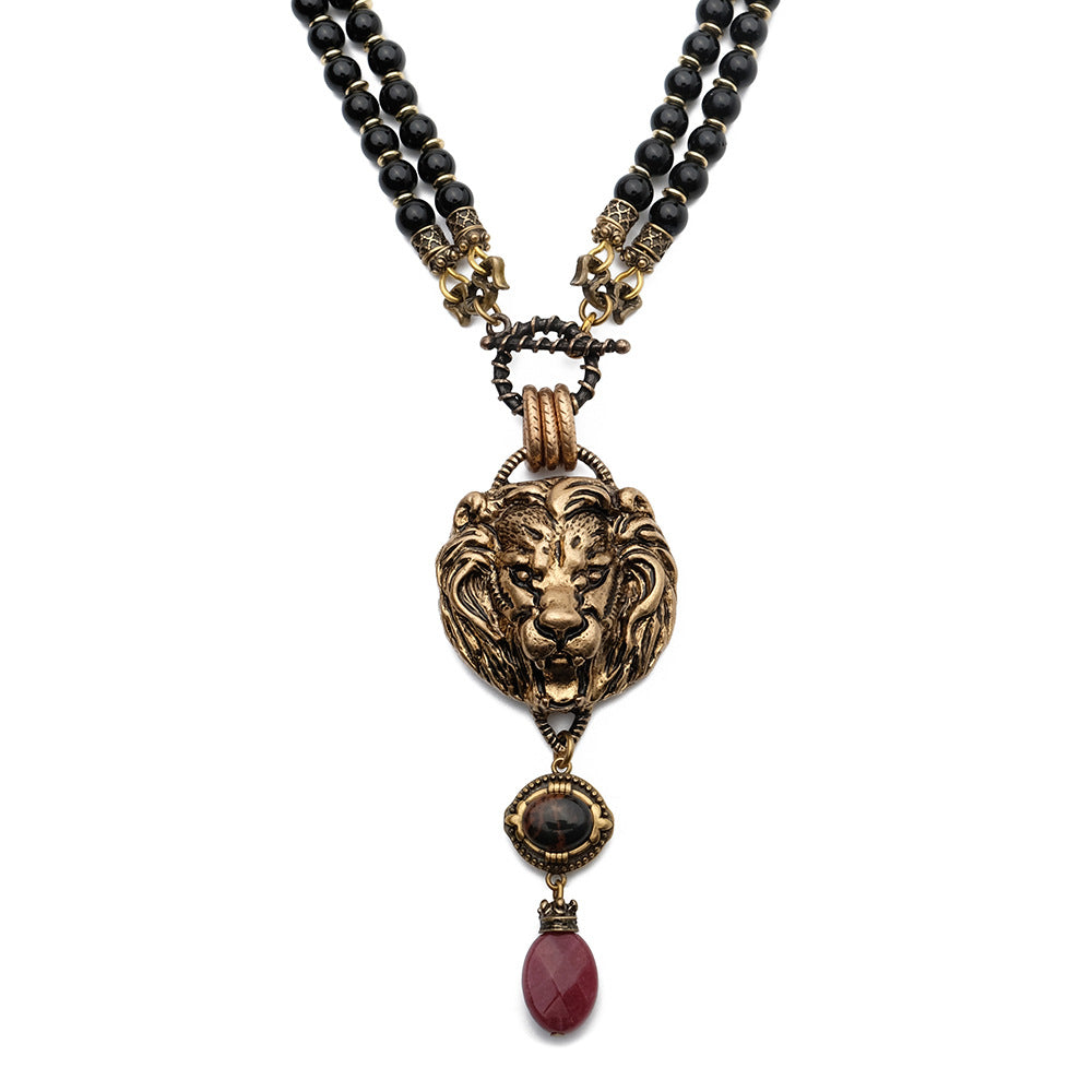 Copper Ball Chain Necklace Natural Black Agate Beads With Lion Motif
