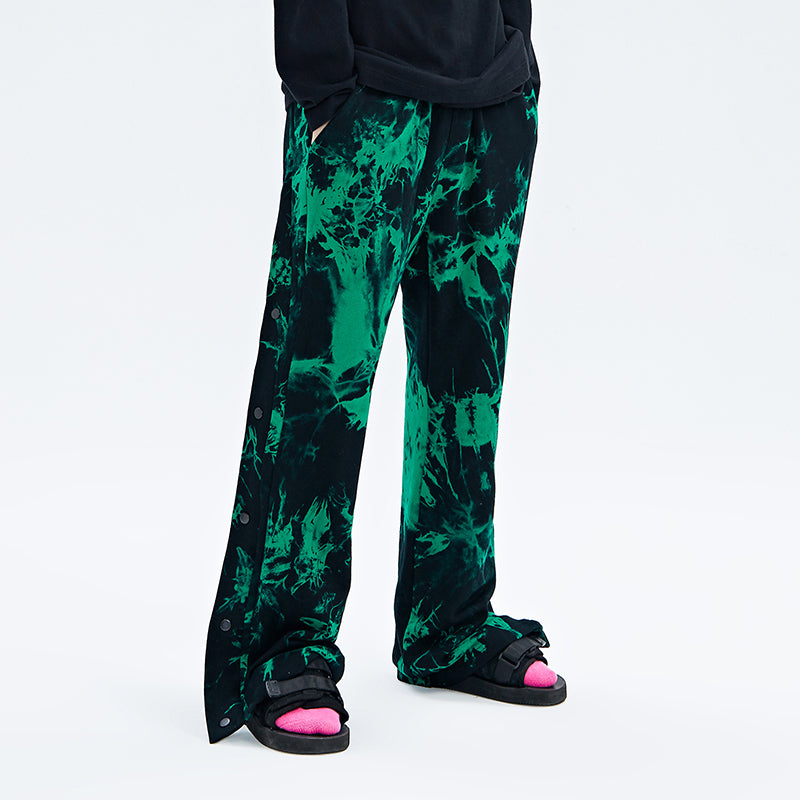 Black And Green Tie Dye Zipper Pants With Mid Waist For Men Trendy Streetwear