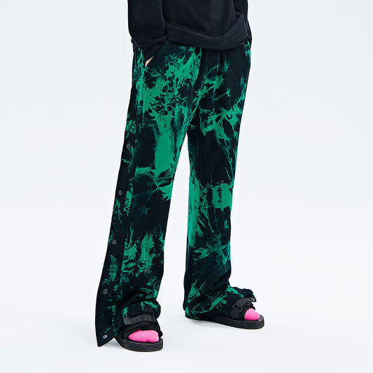 Black And Green Tie Dye Zipper Pants With Mid Waist For Men Trendy Streetwear
