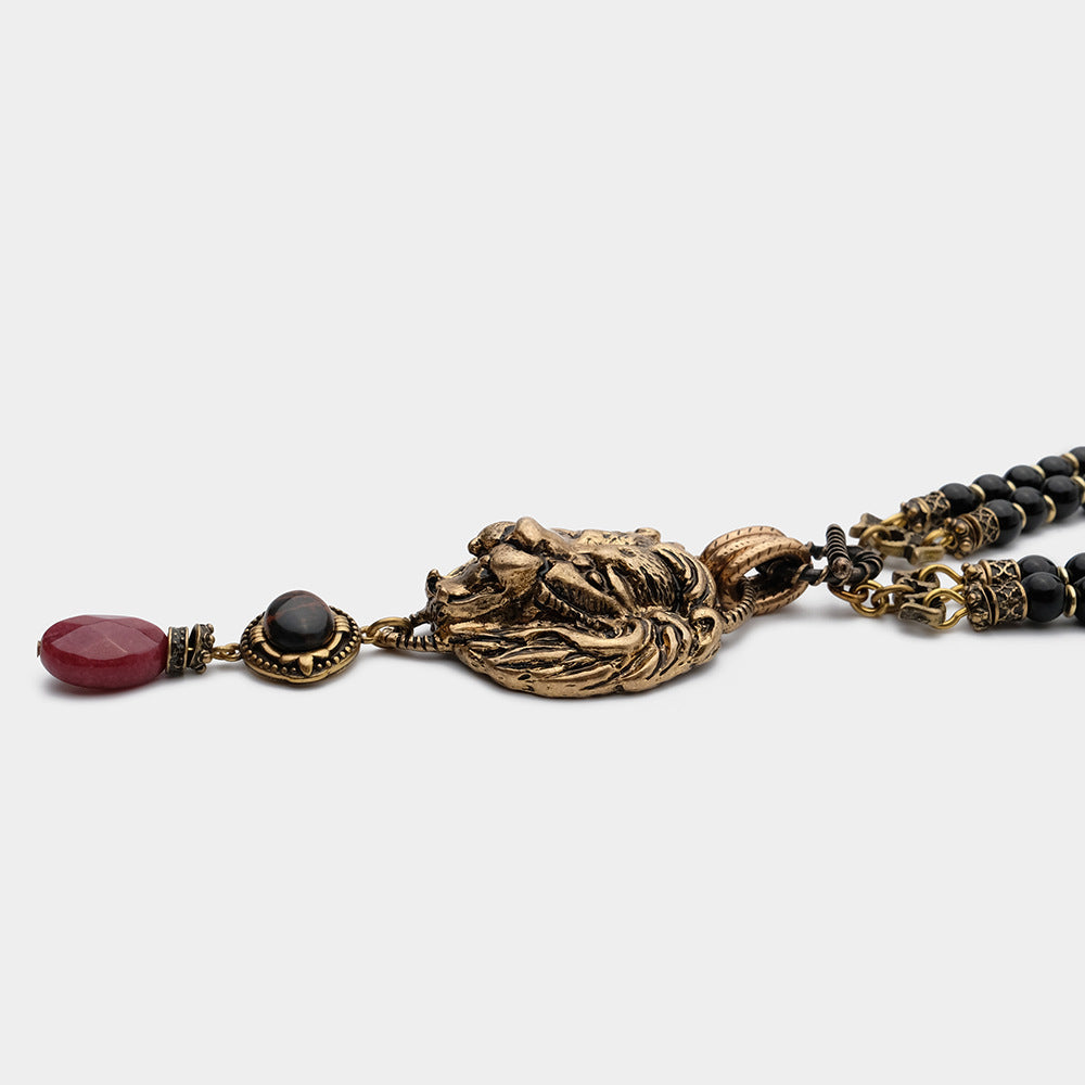 Copper Ball Chain Necklace Natural Black Agate Beads With Lion Motif
