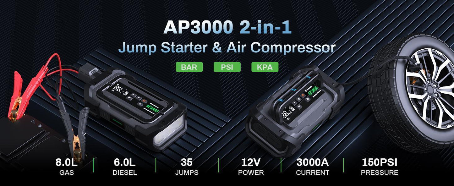 3000A Portable Car Emergency Starter Power Supply With Inflator Function 150PSI Digital Tire Inflator 12V Car Battery Charger With LED Lighting LCD Display