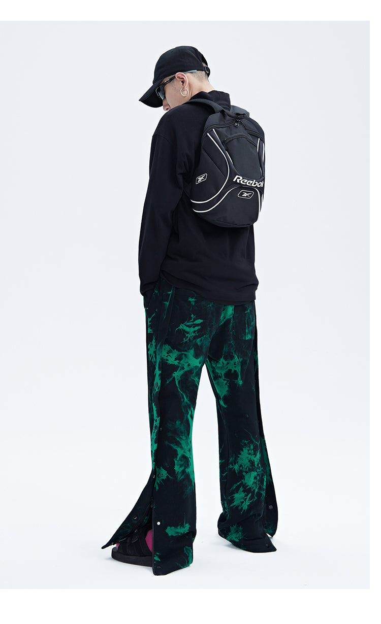 Black And Green Tie Dye Zipper Pants With Mid Waist For Men Trendy Streetwear